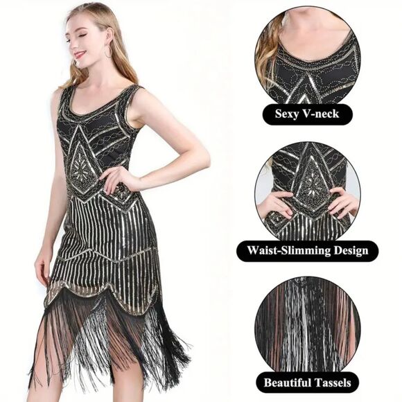 1920s V-Neck Sequin Beaded Fringed Dress Black Golden XL with 20s Accessorie Set - Picture 2 of 5